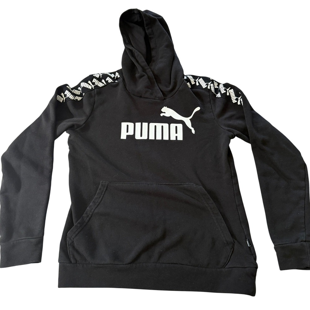 Puma Amplified Pullover Hoodie Boy's Small Black Logo Tape Sweatshirt 581220
